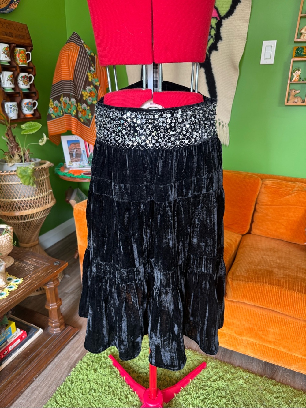 Smart Set Black Velvet Tiered Midi Skirt with Sequin Waistband